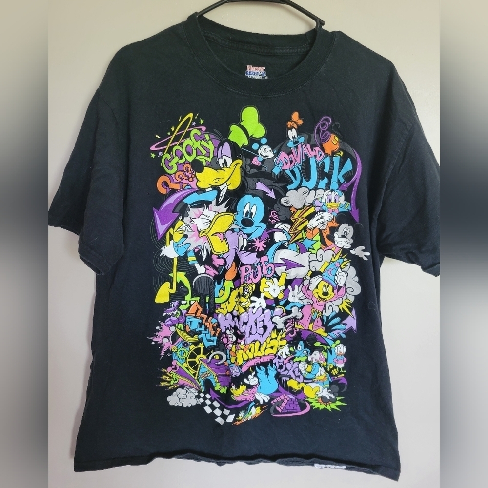 Disney Mickey Mouse Black Neon Graffiti Graphic Tee Size Large